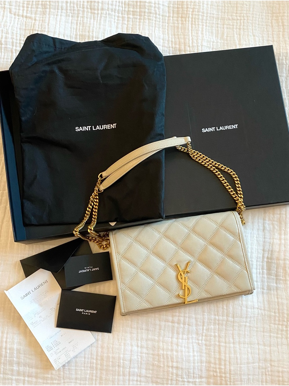 YSL Saint Laurent White Quilted Becky Leather Shoulder Bag w Gold Chain
